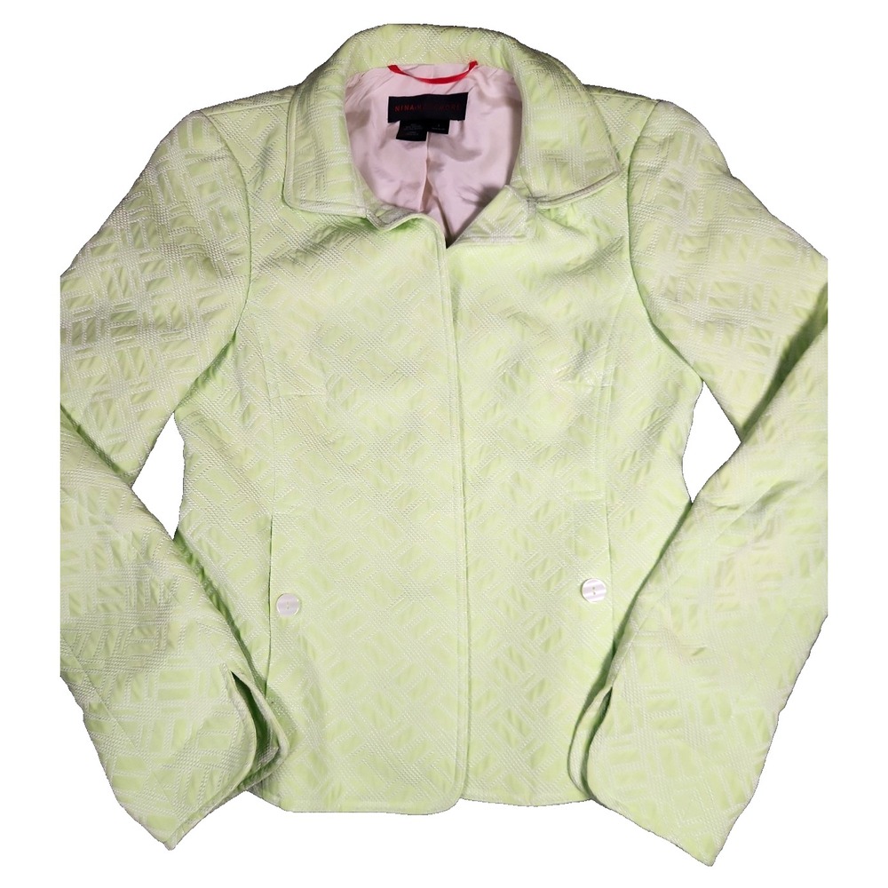 Nina McLemore Jacket Blazer Womens 2 Neon Lime Green Silk Open Front Jacquard